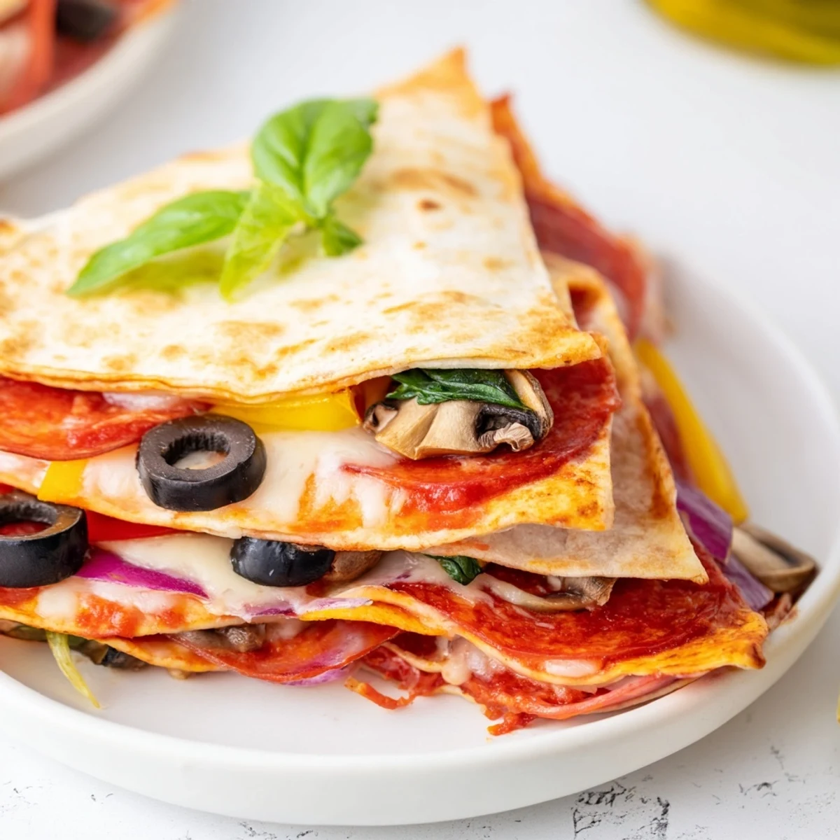 Enjoying a warm bite of a perfectly layered Tortilla Pizza Wrap, bursting with flavorful ingredients.