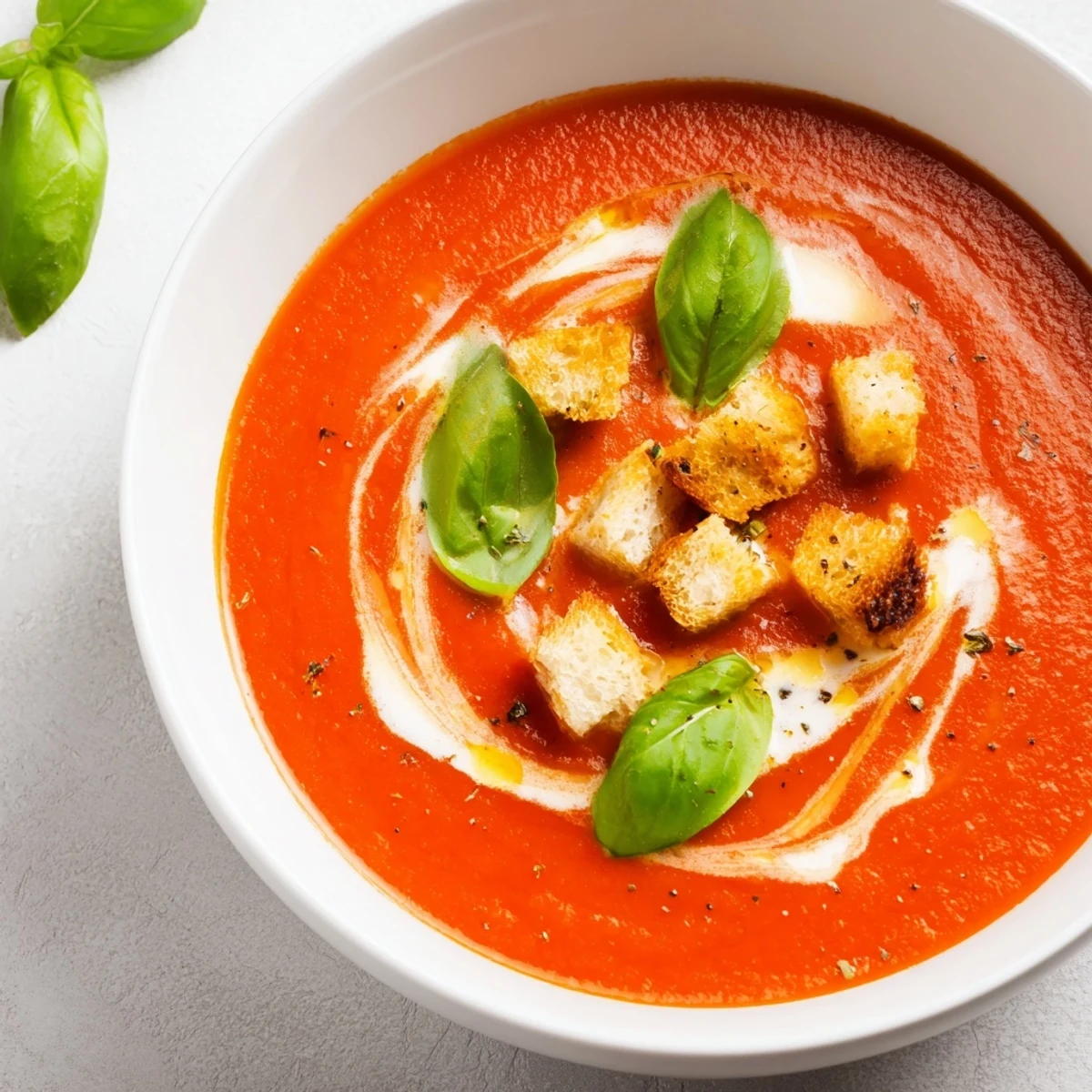 Creamy Roasted Garlic Tomato Soup, served hot, with fresh basil and golden croutons, smells divine.