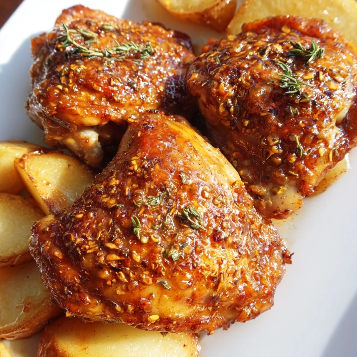 Golden brown Sticky Maple Apple Chicken, glistening with a sweet glaze, ready to serve with sliced apples.