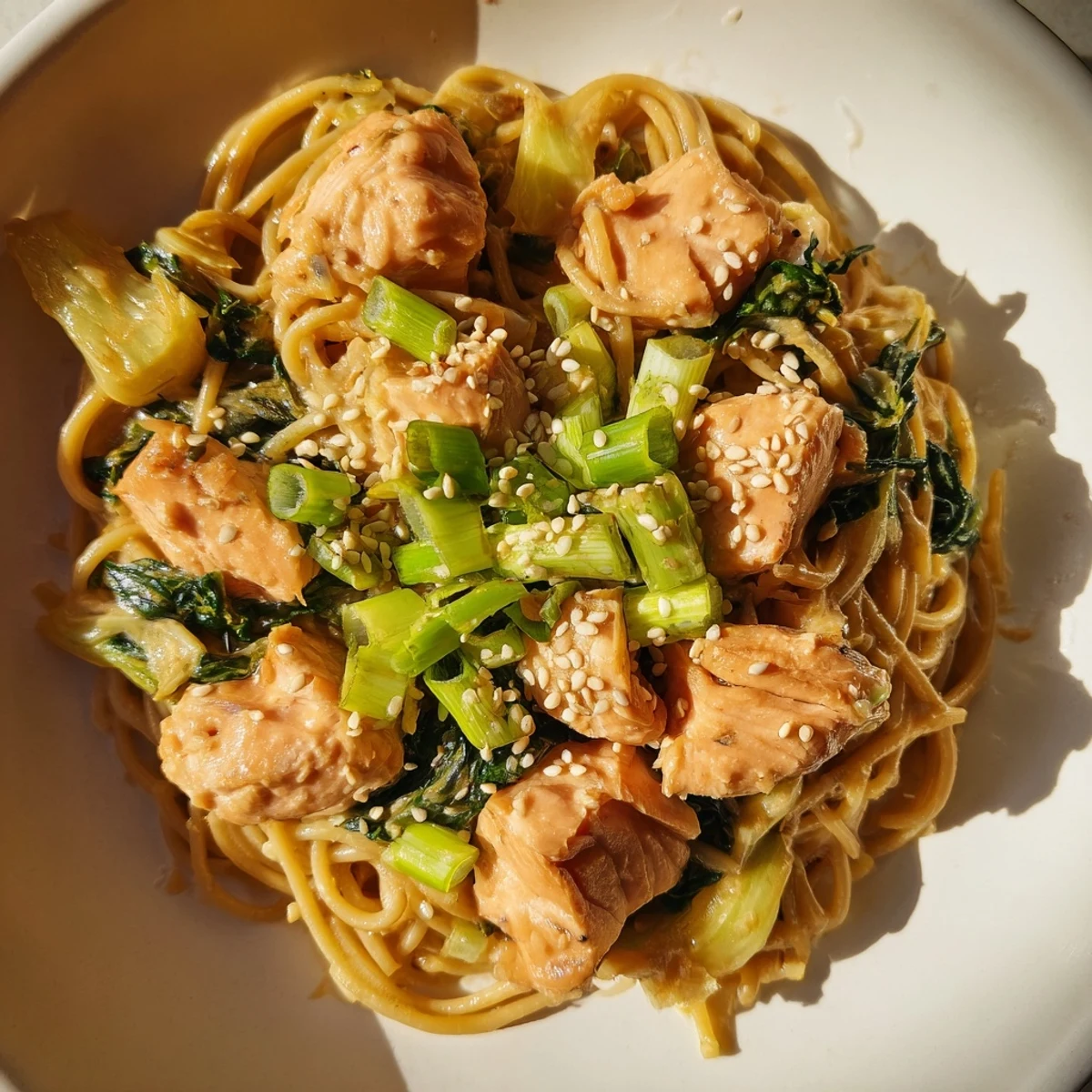 Steaming bowl of Miso Butter Salmon Pasta with a vibrant mix of salmon and bok choy.