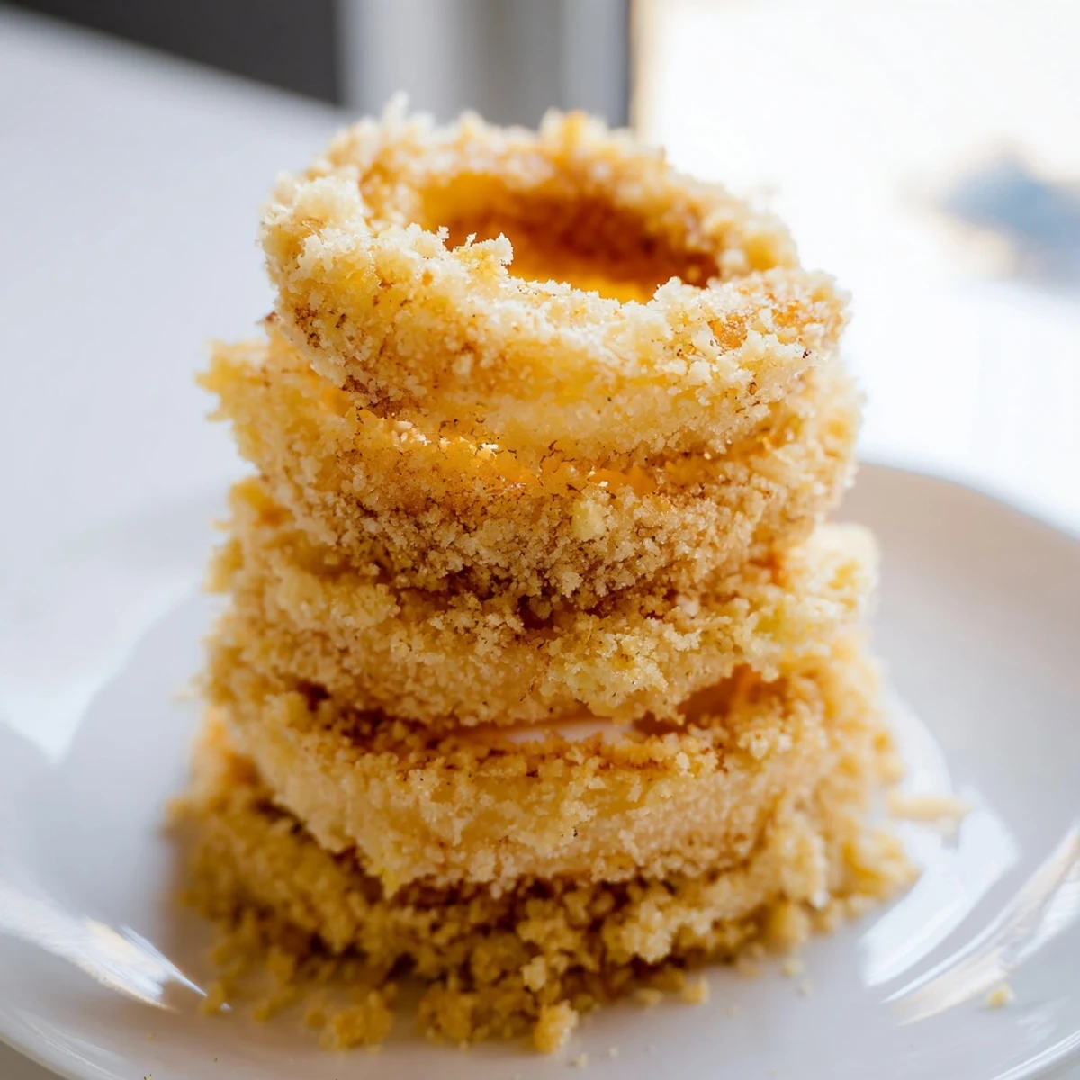 A towering plate of crispy onion ring perfection, ready for dipping and delicious bites.