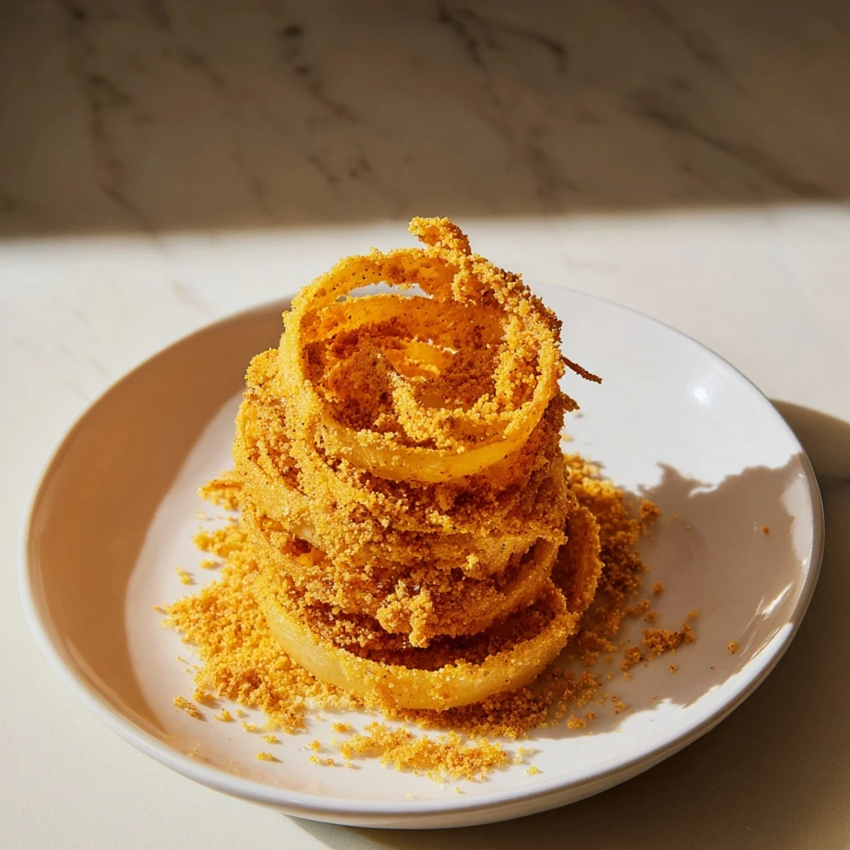 Close-up view of the perfectly fried Crispy Onion Ring Tower, a stunning vegetarian appetizer.