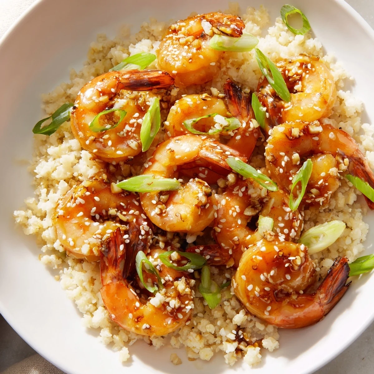 Steaming ginger garlic shrimp bowls brimming with colorful garnishes and a rich soy drizzle.