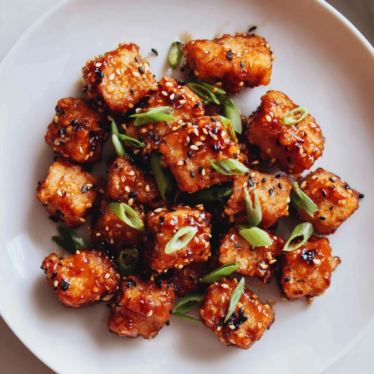 Golden crispy Honey Sriracha Tofu Nuggets, glistening with a sweet and spicy sauce, ready to eat.