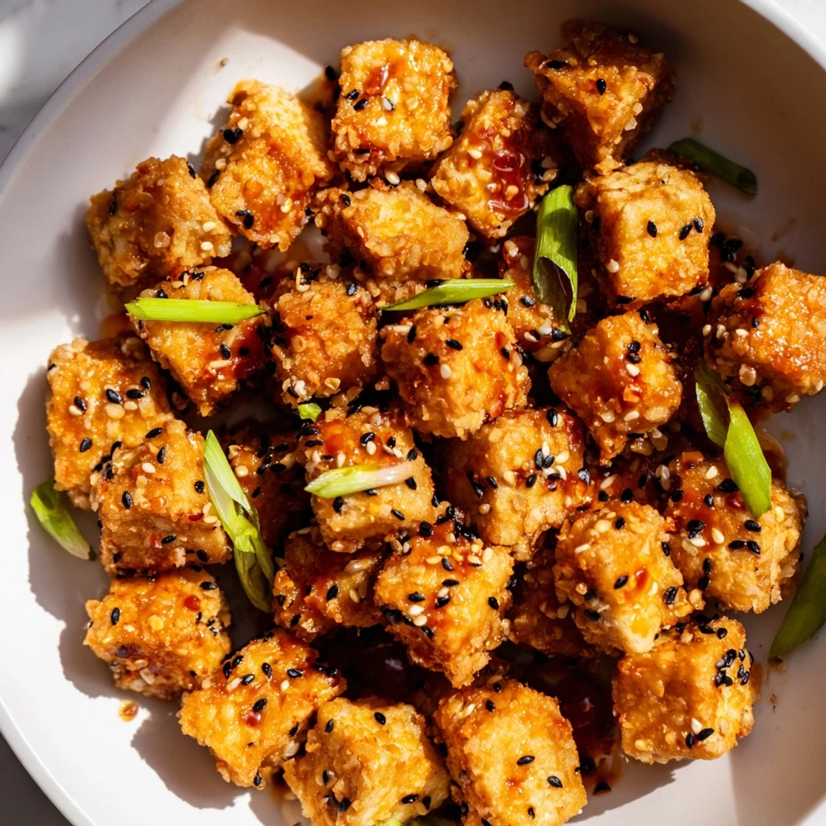 Savory and flavorful Honey Sriracha Tofu Nuggets, ideal snack with a sweet and spicy glaze.
