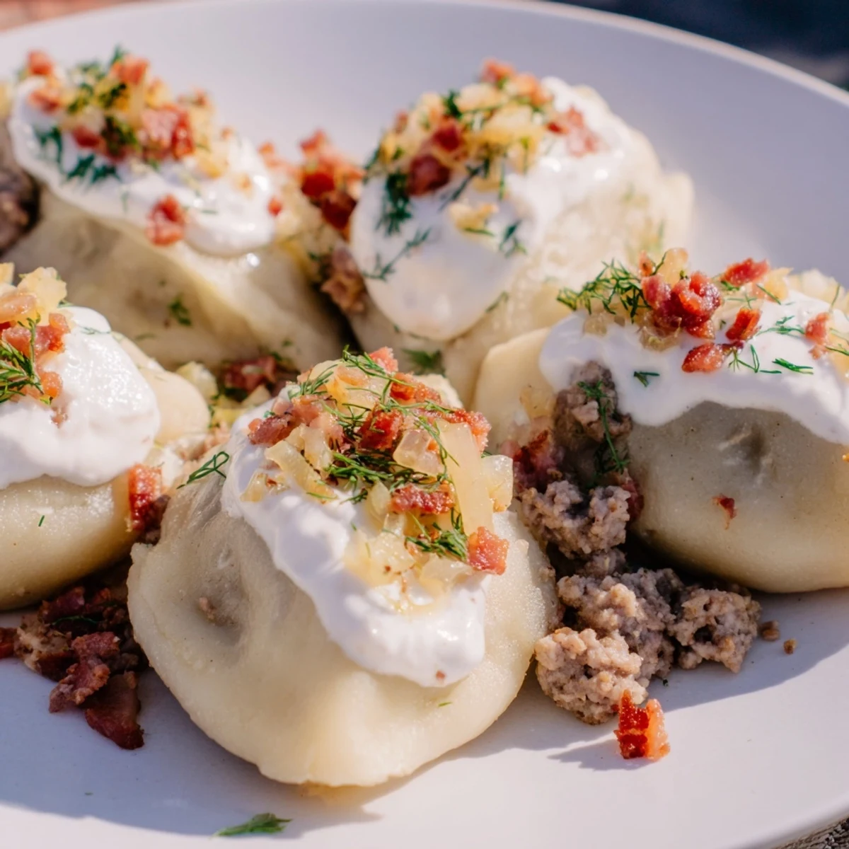 Close-up of golden-brown Cepelinai, with a rich sour cream and bacon topping, a comforting Lithuanian meal.