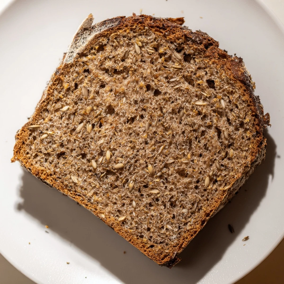 Golden-crusted Latvian Rupjmaize bread awaiting slicing, revealing its soft, dark crumb and toasted caraway seeds.