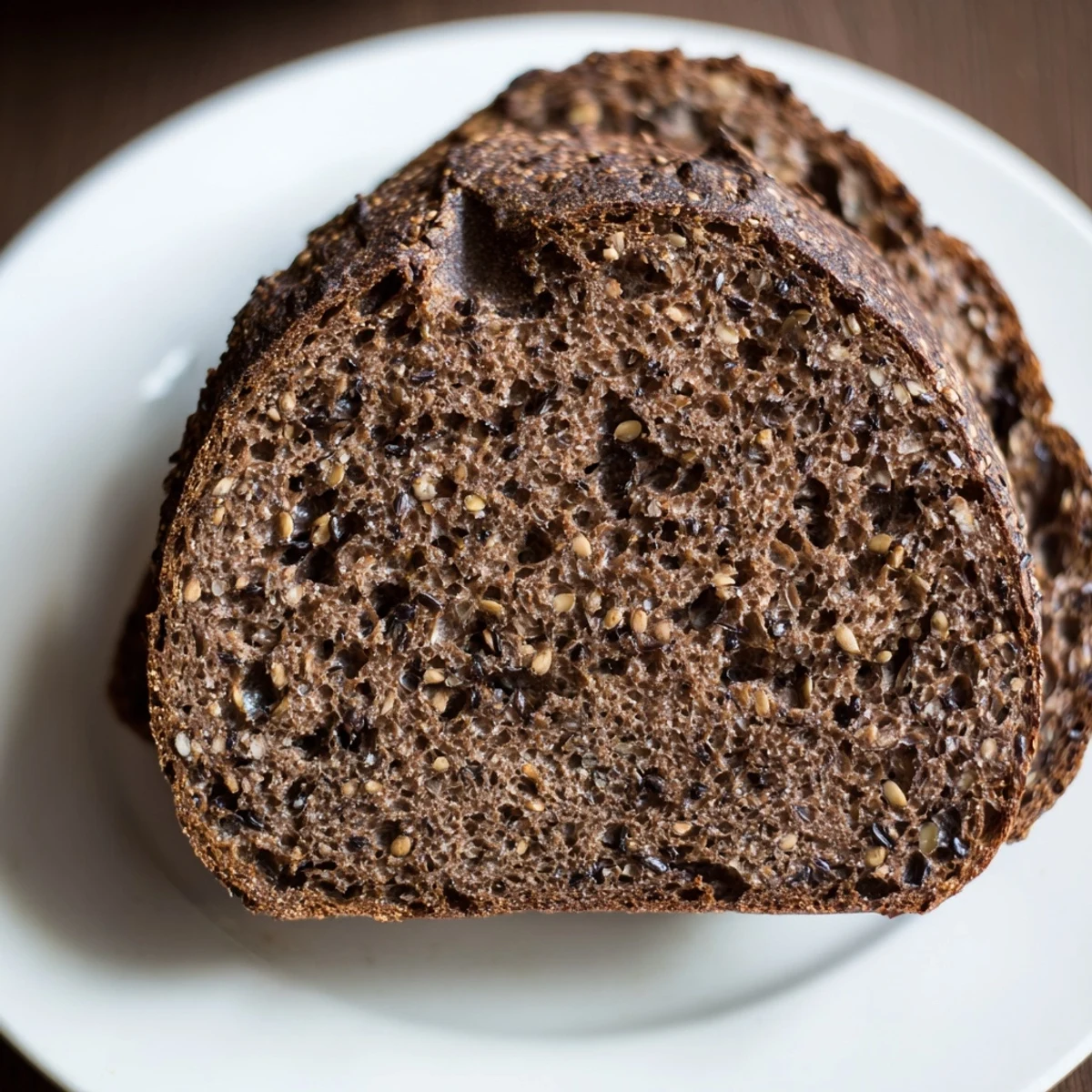 Close-up of a rustic Estonian Leib sourdough bread, showing texture and golden crust.