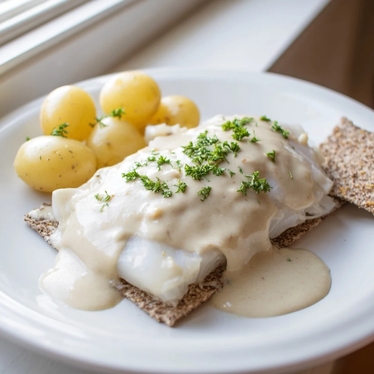 Flaky Norwegian Lutefisk, gently baked and served with creamy mustard sauce—a holiday tradition.
