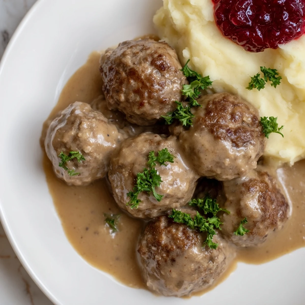 Swedish Meatballs swimming in creamy, rich gravy, served with fluffy mashed potatoes and lingonberry jam.