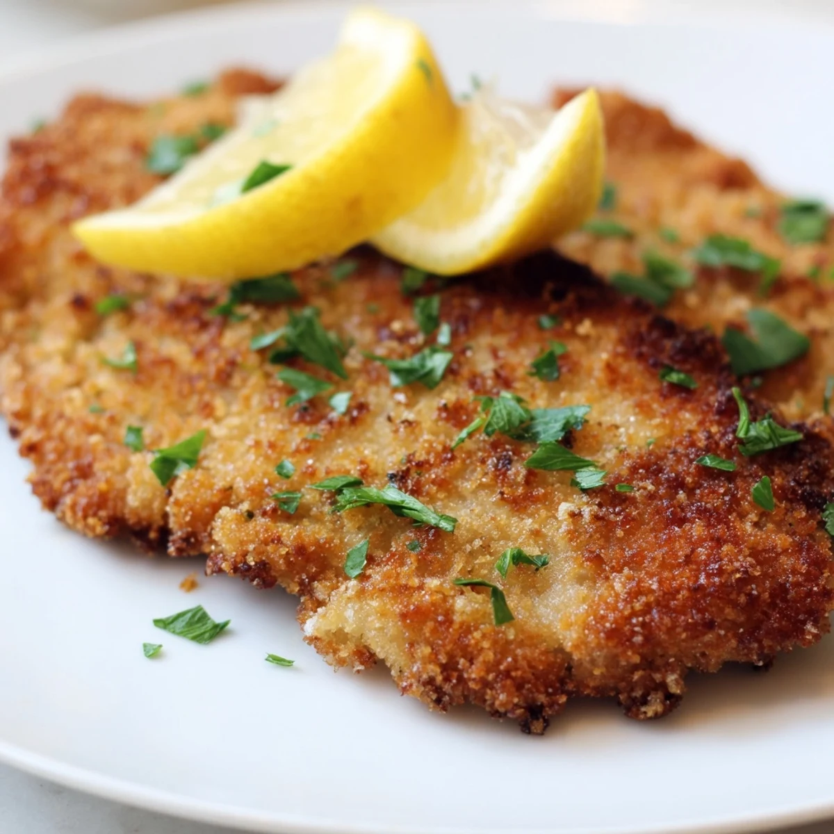 Golden-brown German schnitzel cutlets, crispy and delicious, ready to be served with lemon wedges.