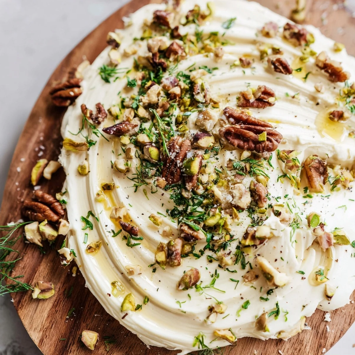 Rustic bread slices beside a Flavored Butter Board topped with fresh herbs, nuts, and sea salt.  