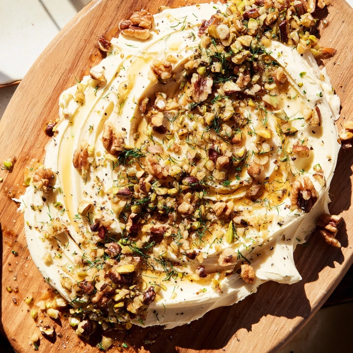 A vibrant Flavored Butter Board appetizer featuring honey-drizzled butter, crunchy nuts, and soft bread.