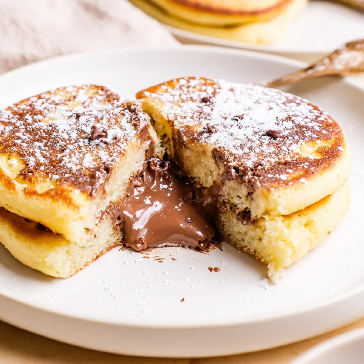 Golden-brown Nutella Stuffed Pancakes dusted with powdered sugar, served warm with fresh berries for a decadent breakfast.
