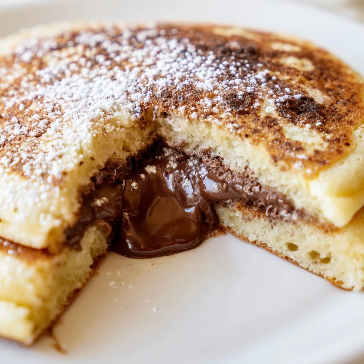 Stack of golden Nutella Stuffed Pancakes on a white plate, topped with sliced strawberries and a drizzle of extra chocolate.