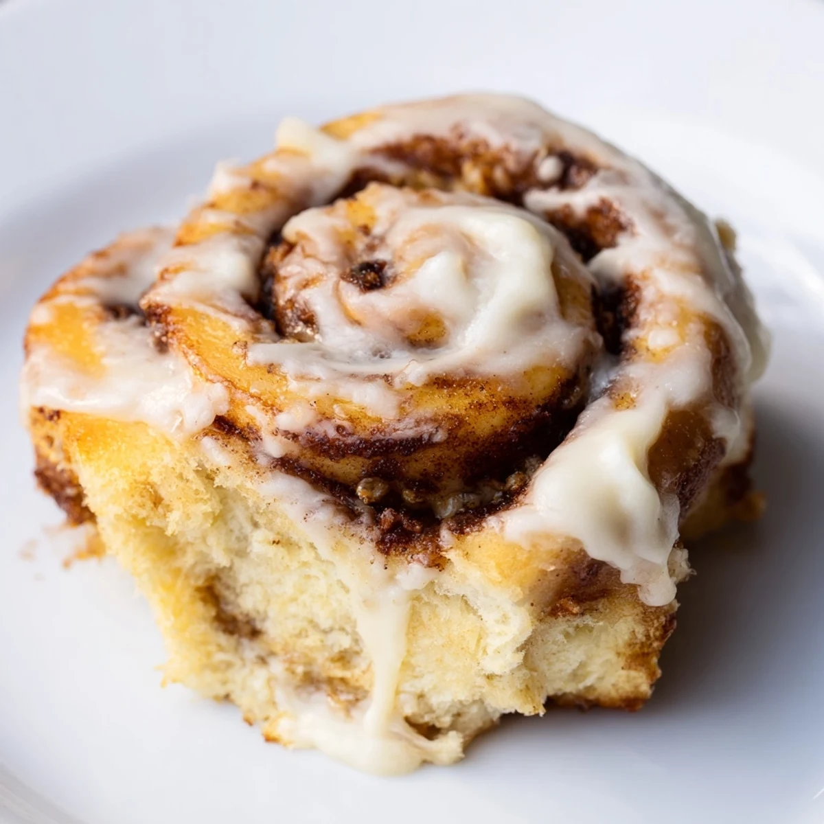 Glazed Pillow Soft Cinnamon Rolls stacked high on a ceramic plate, showing fluffy layers and melted buttery cinnamon filling.