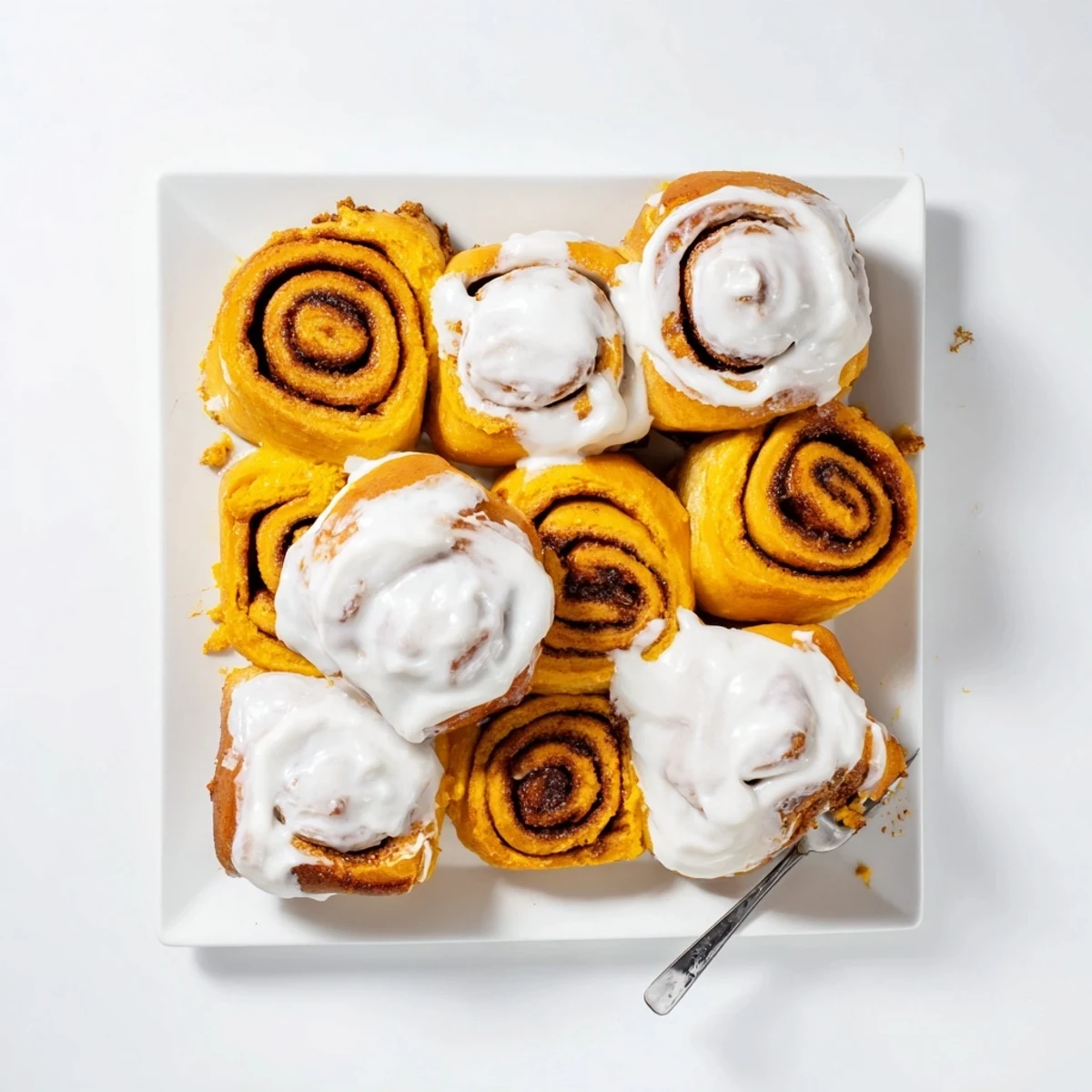 Golden-brown Pumpkin Cinnamon Rolls are drizzled with cream cheese frosting on a rustic wooden board, ready for breakfast or dessert.  