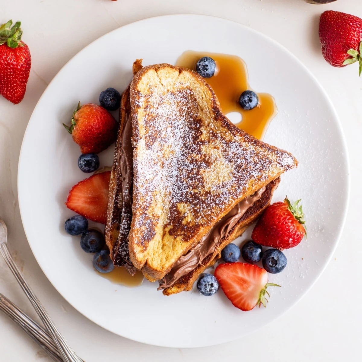 Stack of fluffy Nutella Brioche French toast slices, oozing melted chocolate hazelnut spread, served beside a cup of coffee for brunch.