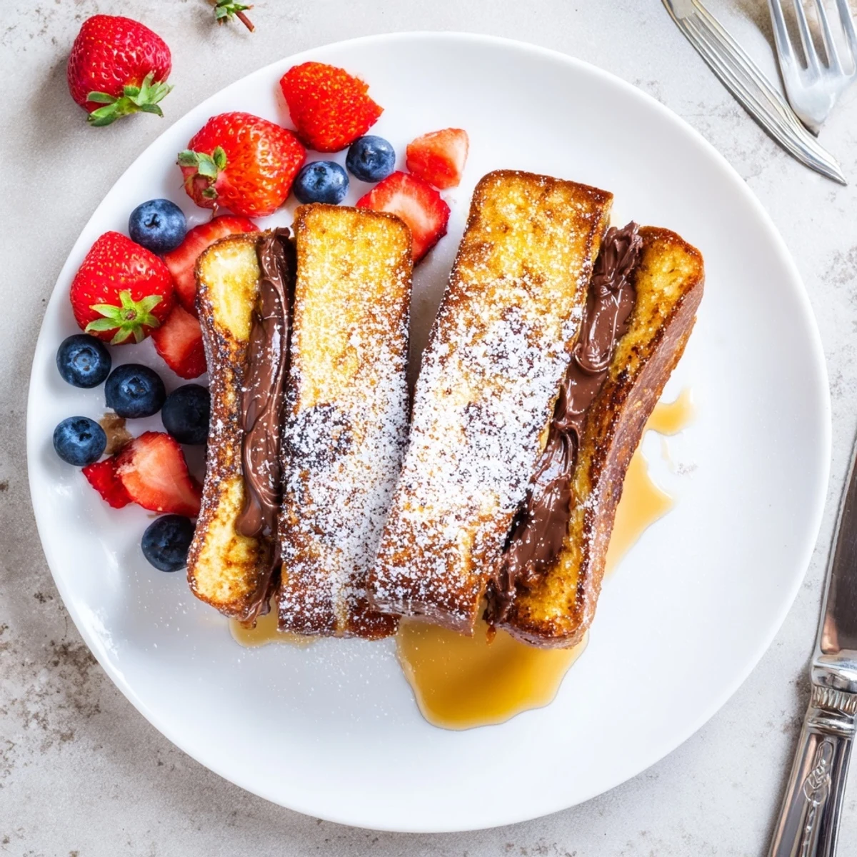Freshly cooked Nutella Brioche French toast with crispy edges, ripe strawberries, and a dusting of powdered sugar on a rustic wooden table.