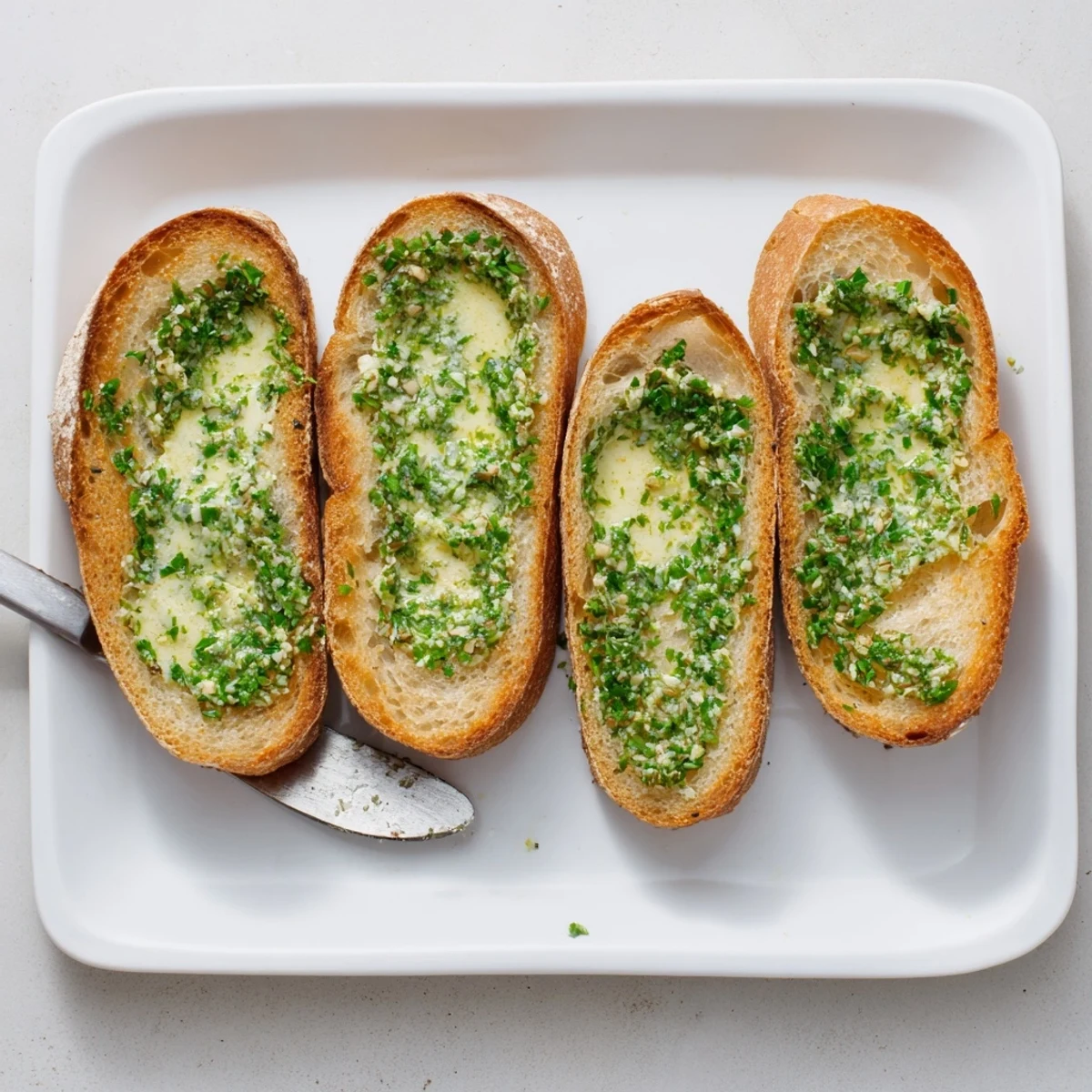 Golden Herb Butter Toast slices glistening with melted compound butter and a pinch of flaky sea salt on a rustic plate.  