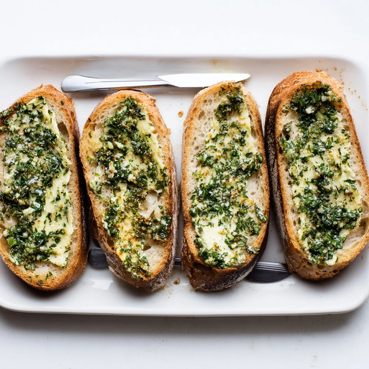 Fresh Herb Butter Toast served beside a bowl of tomato soup, perfect for an easy appetizer or snack.