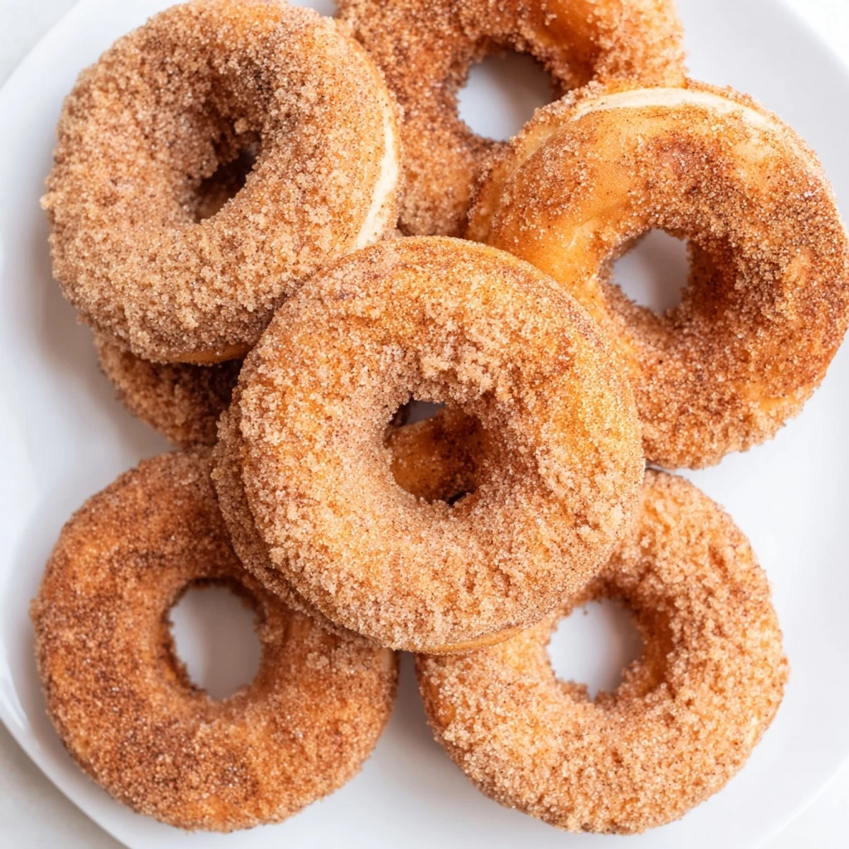 Sweet cinnamon-dusted Air Fryer Cinnamon Sugar Donuts and donut holes arranged on a wooden board for serving.