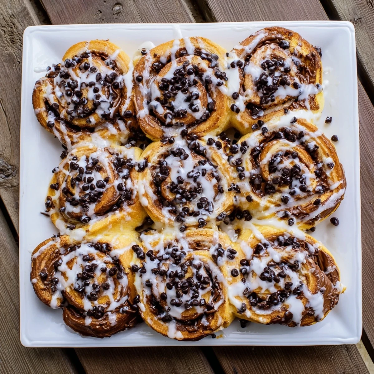 Freshly baked Nutella chocolate chip rolls with gooey melted chocolate filling on a rustic wooden board.