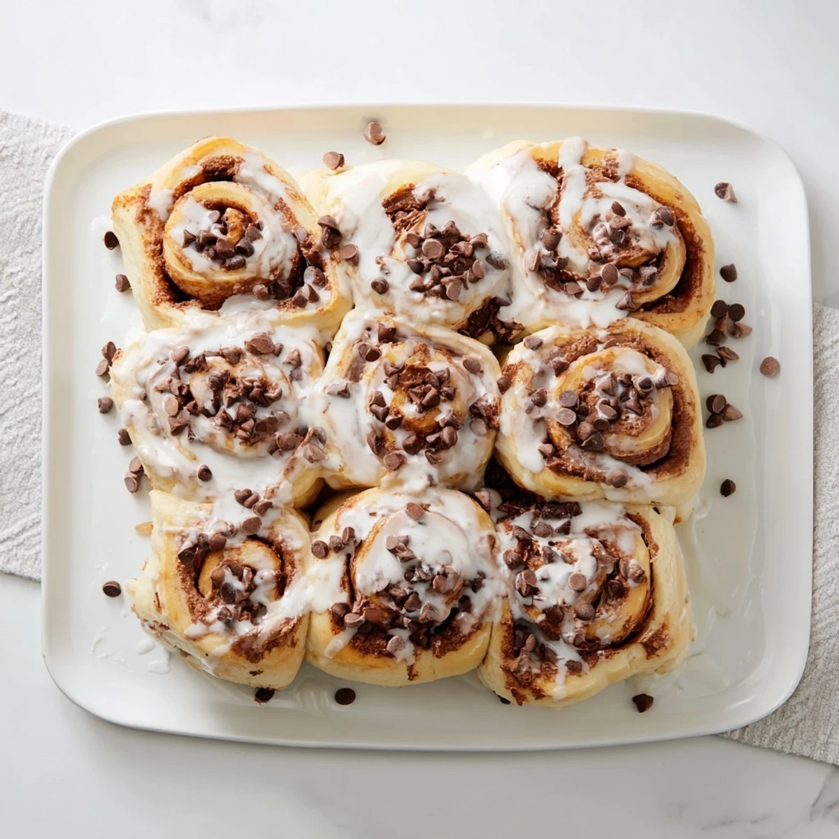 Warm Nutella chocolate chip rolls drizzled with sweet glaze, served alongside a steaming mug of coffee.