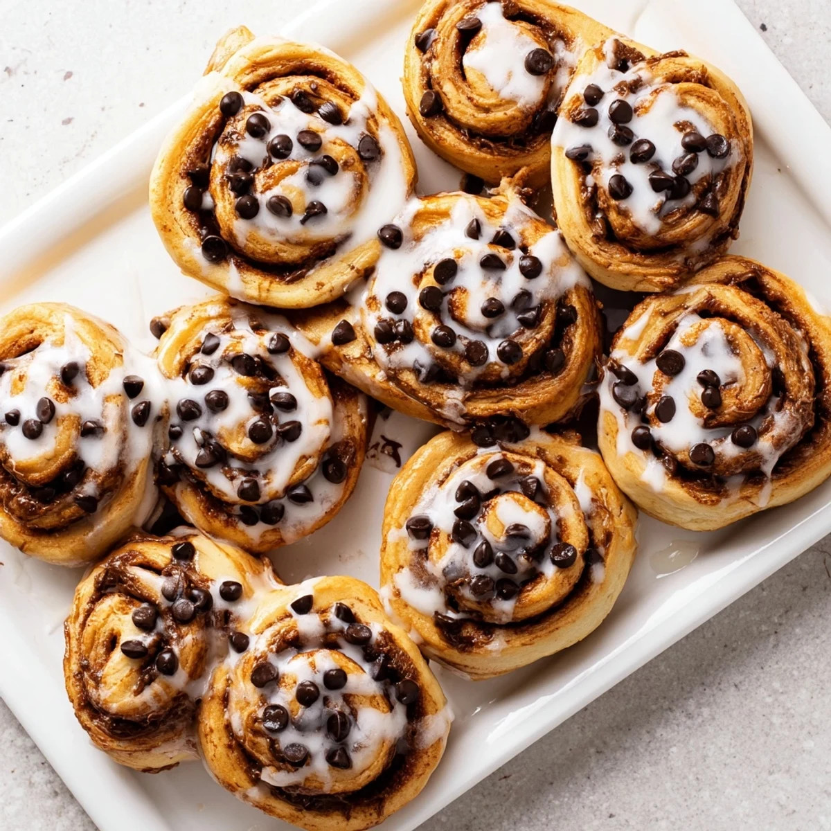 Golden brown Nutella chocolate chip rolls with soft dough swirls and melty chocolate chips in a baking pan.