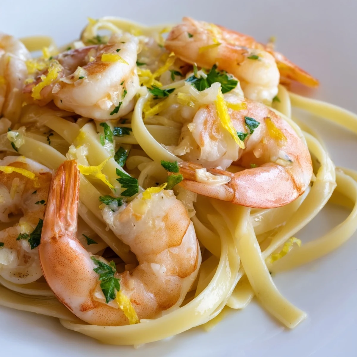 Fork-ready Garlic Butter Shrimp Linguine is plated with fresh parsley and lemon zest, alongside a glass of crisp white wine.