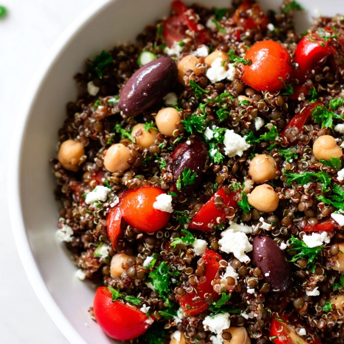 A vibrant Greek Power Salad with lentils, quinoa, chickpeas, and fresh vegetables in a zesty vinaigrette.  