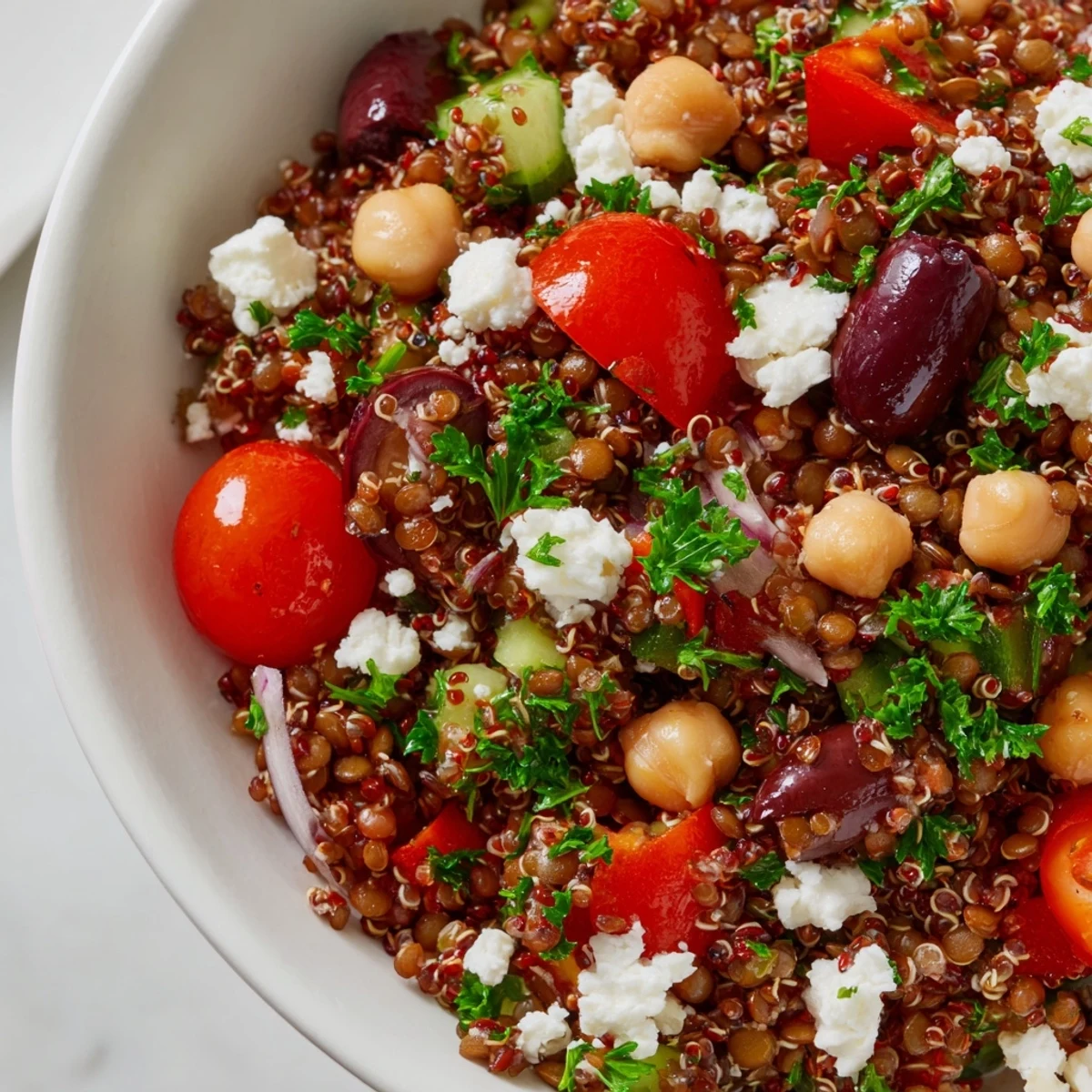 Ready-to-eat Greek Power Salad tossed with lentils, olives, and herbs, perfect for a healthy lunch or dinner.