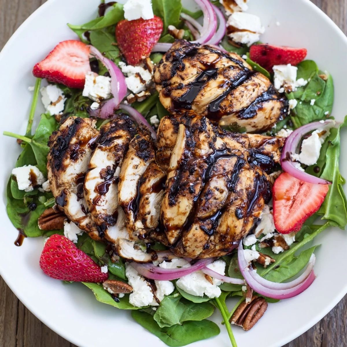 Grilled chicken slices on mixed greens with strawberries, crumbled goat cheese, and honey balsamic glaze.  