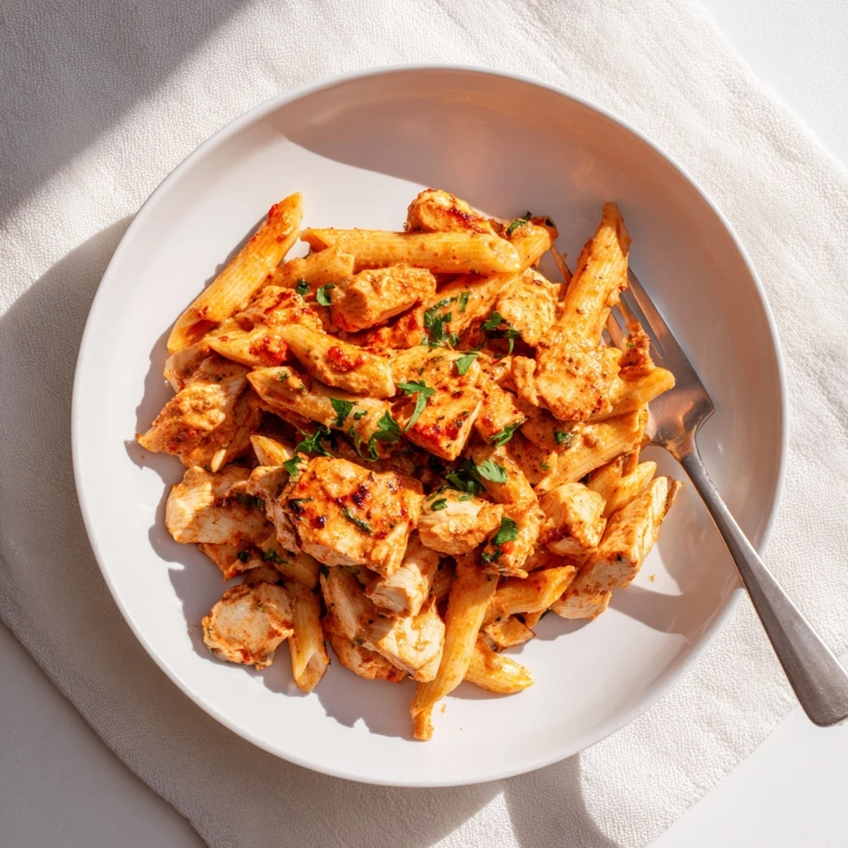 Golden-brown chicken tikka pieces mingling with creamy, spiced tomato sauce in a bowl of al dente penne pasta, garnished with fresh cilantro.