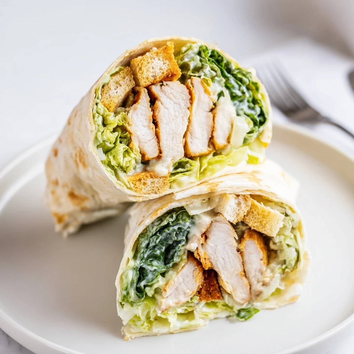 A close-up of a Caesar Chicken Salad Wrap, featuring sliced grilled chicken, crisp romaine, and creamy Caesar dressing nestled in a soft flour tortilla.  