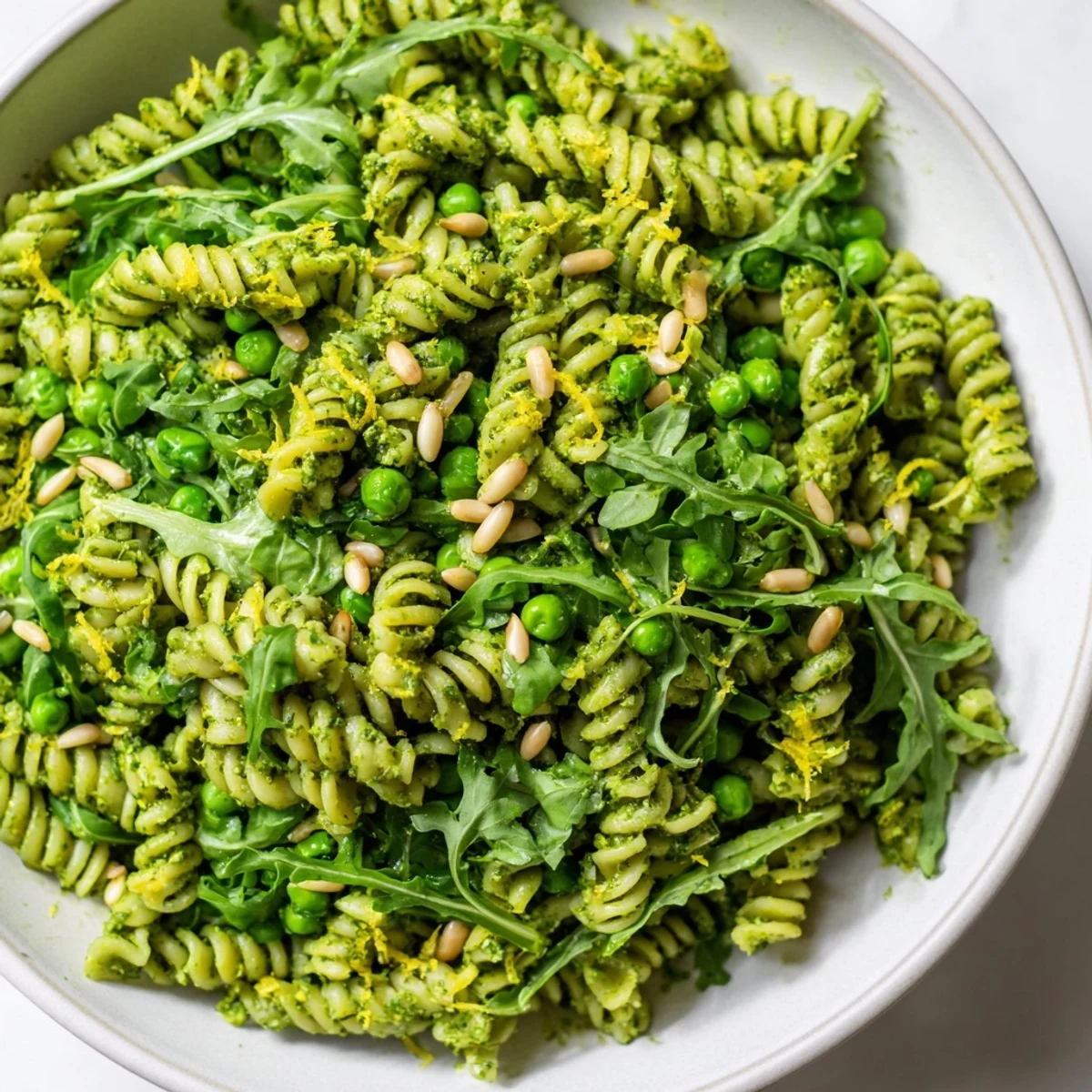 Fresh Spring Green Pesto Pasta Salad in a white bowl, showing pasta twists coated in vibrant green pesto with peas and arugula.  