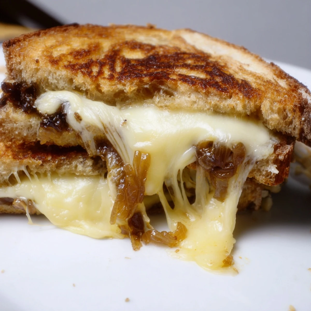 Golden slices of Caramelized Onion & Gruyère Grilled Cheese ooze melted cheese from crispy country bread.  