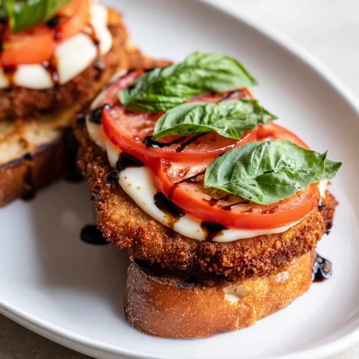 A close-up of a Crispy Chicken Caprese Sandwich on a wooden board, showcasing crunchy panko chicken, melted cheese, and vibrant red tomato and basil.