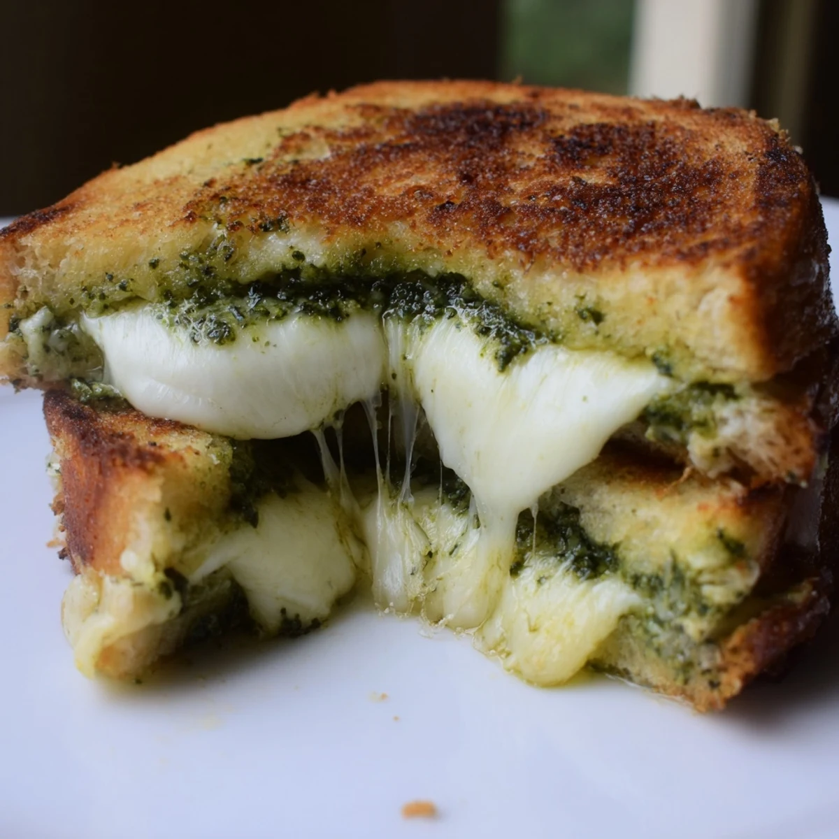 Golden sourdough slices, thick and crusty, are grilled until crisp, stuffed with melted mozzarella, fontina, and sharp white cheddar, and layered with fragrant basil pesto for a gourmet twist on the classic comfort food.