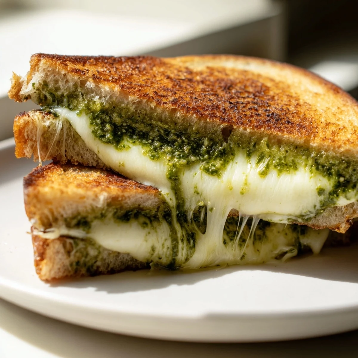 A vegetarian grilled cheese features golden, buttery sourdough bread filled with three melty cheeses and vibrant basil pesto, perfect for serving alongside a hot bowl of tomato soup on a cozy weeknight.