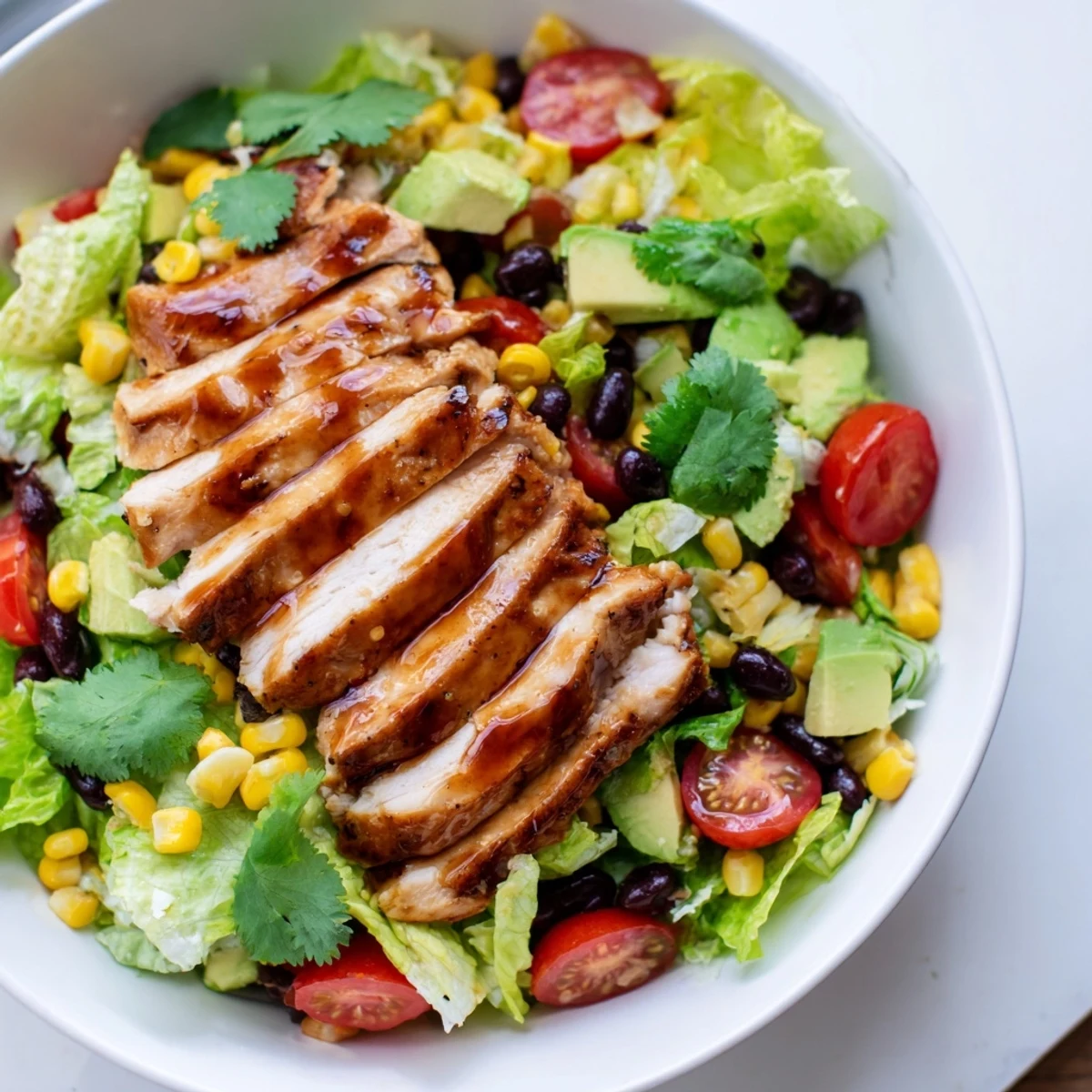 A vibrant bowl of Honey Lime Chicken Taco Salad with black beans, corn, and creamy avocado for a zesty, satisfying meal.