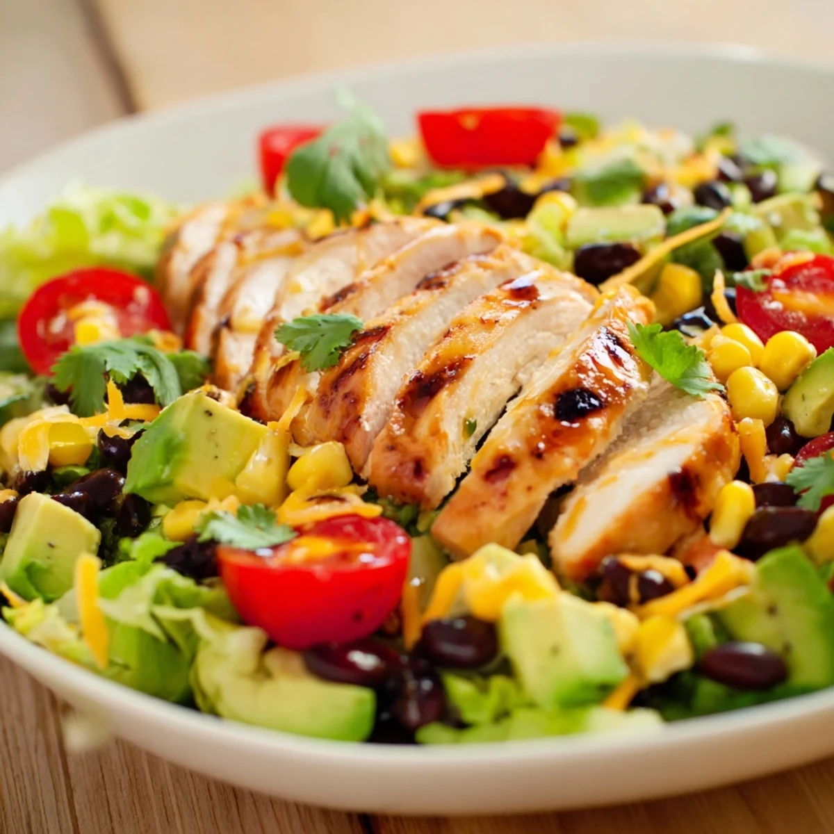 Fresh cilantro and crunchy tortilla strips garnish this colorful Honey Lime Chicken Taco Salad, perfect for a quick weeknight dinner.