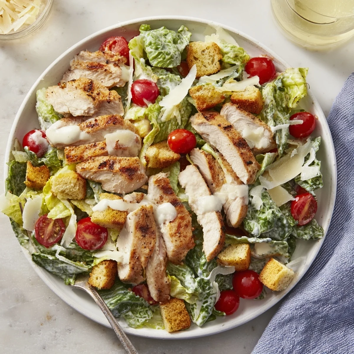 Vibrant grilled chicken strips top crisp romaine, cherry tomatoes, and croutons in this light Yogurt Caesar Grilled Chicken Salad.
