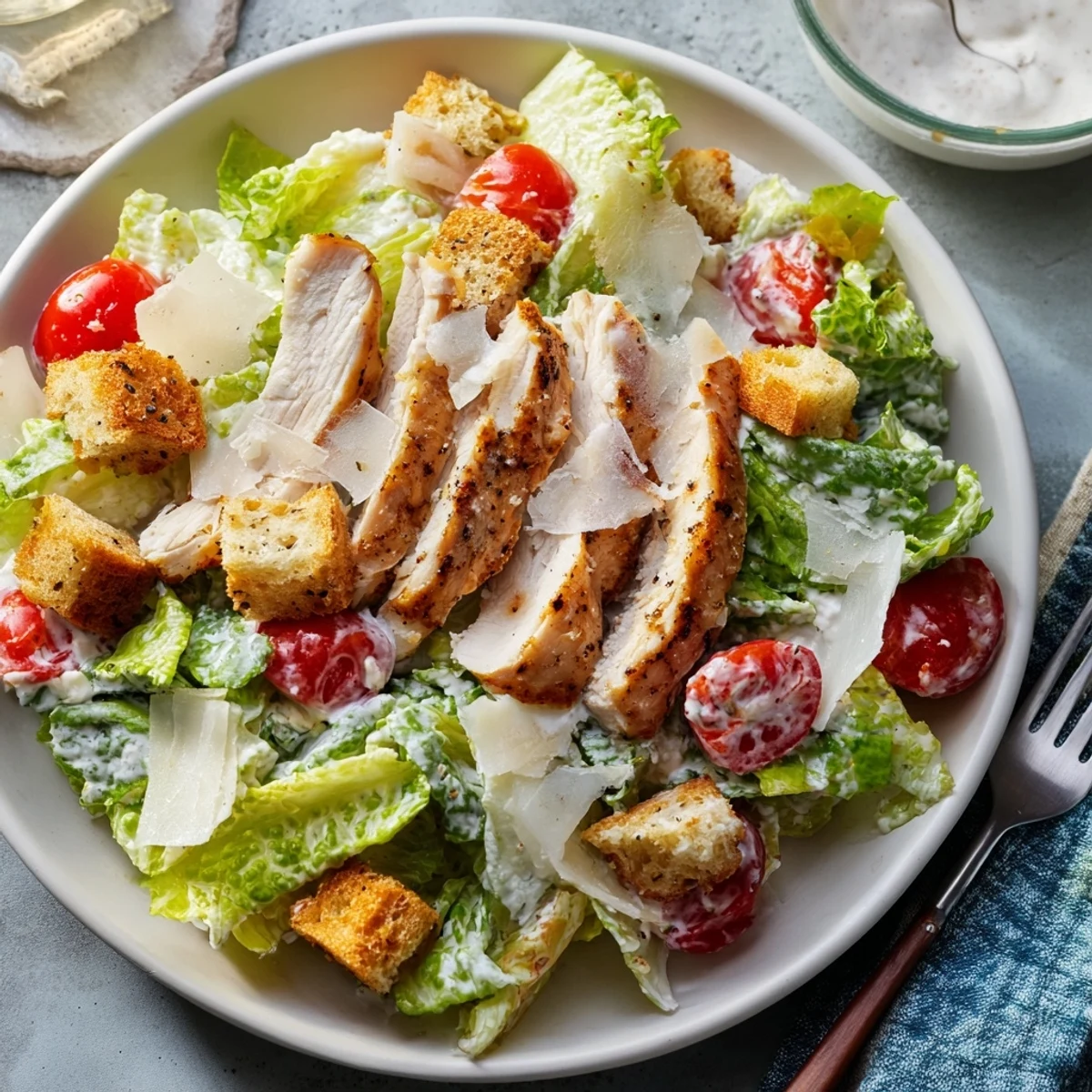 Sliced grilled chicken rests on a bed of romaine with croutons and cherry tomatoes, drizzled with tangy yogurt dressing.