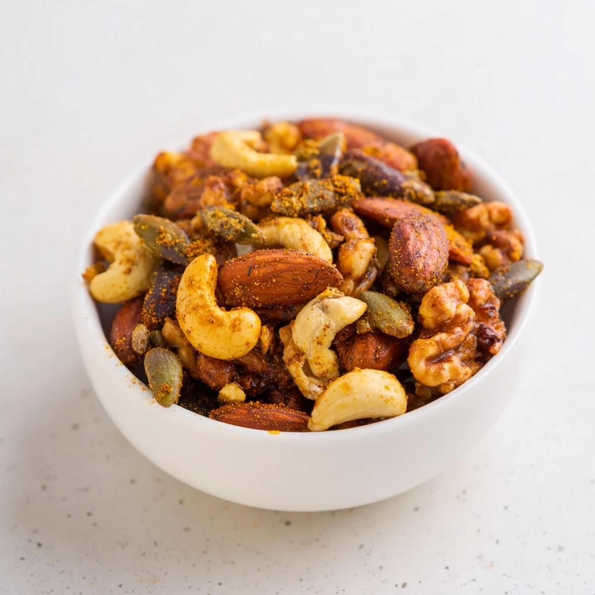 Roasted Spiced Nuts and Seeds Mix spilling from a glass jar, with a small bowl for snacking nearby.