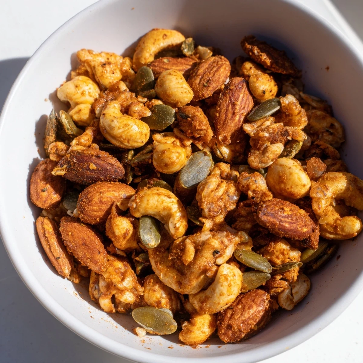 Seasoned Spiced Nuts and Seeds Mix on a salad, featuring crunchy pumpkin seeds and warm turmeric and paprika.