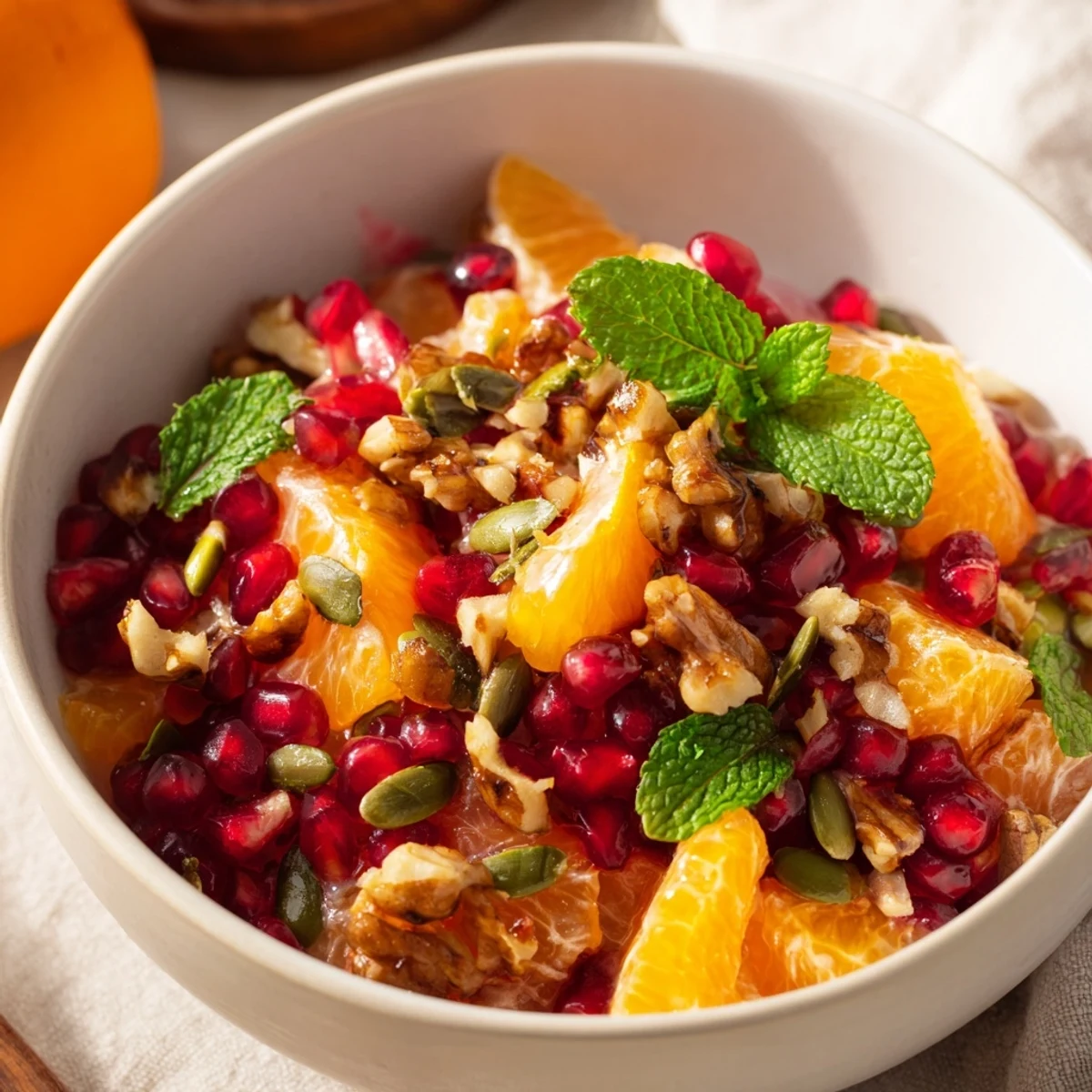 The finished Pomegranate and Walnut Salad showcases ruby-red seeds and toasted nuts over crisp apple and pear slices.  