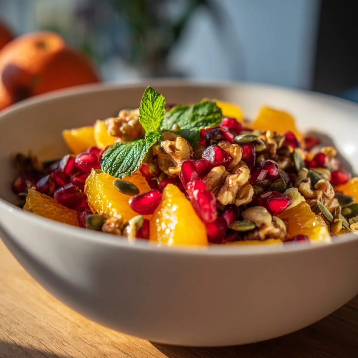 Bright and fresh, the Pomegranate and Walnut Salad features diced apples, pear segments, and a sprinkle of mint garnish.