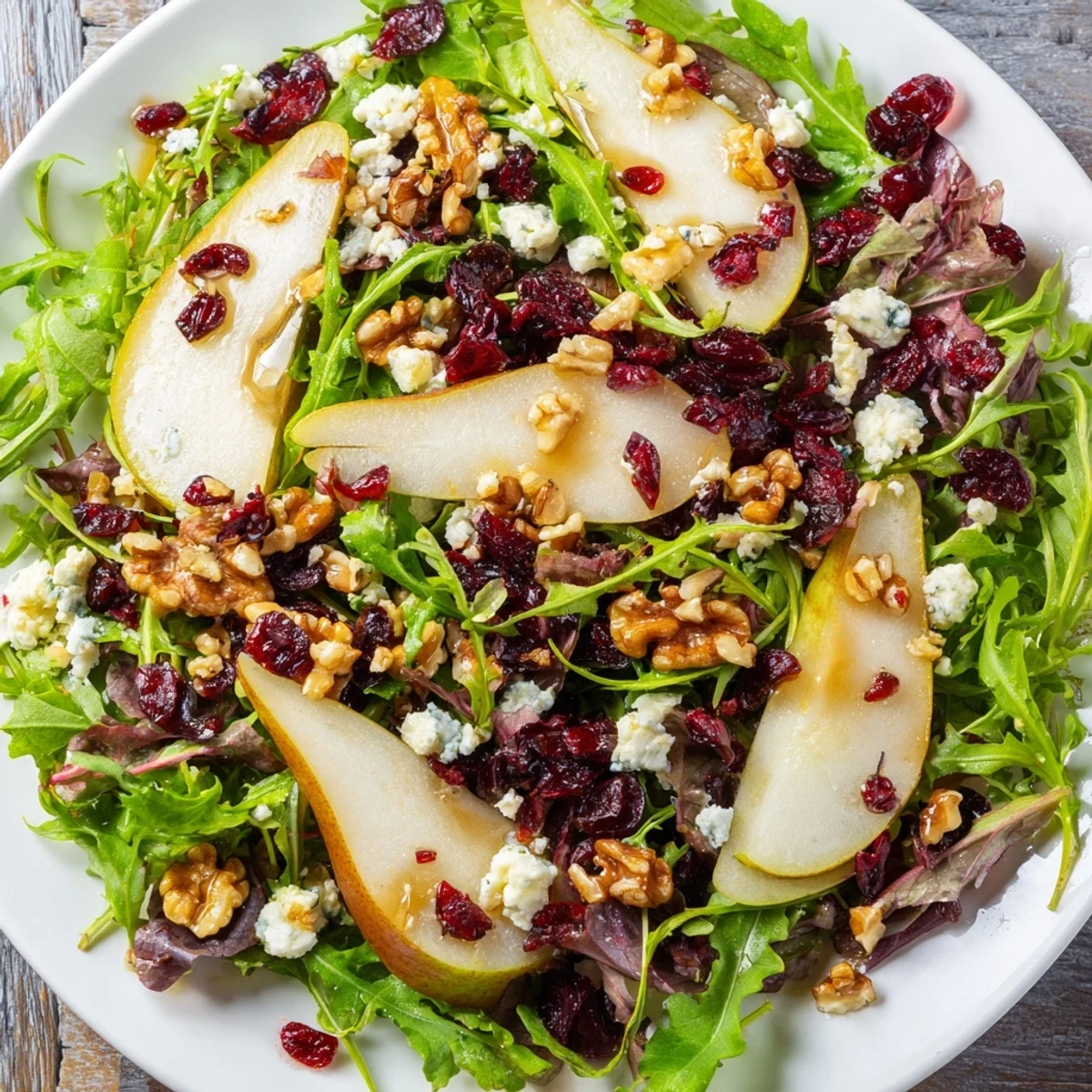 Freshly tossed Pear Gorgonzola Salad drizzled with honey-balsamic dressing, featuring ripe pears and crunchy walnuts on a bed of greens.