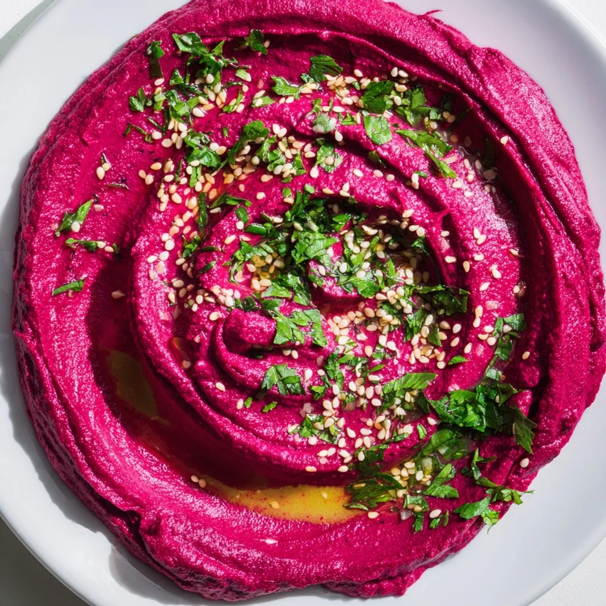 Creamy roasted beet hummus served in a rustic bowl, garnished with parsley and olive oil, alongside pita chips and fresh vegetables for dipping.  